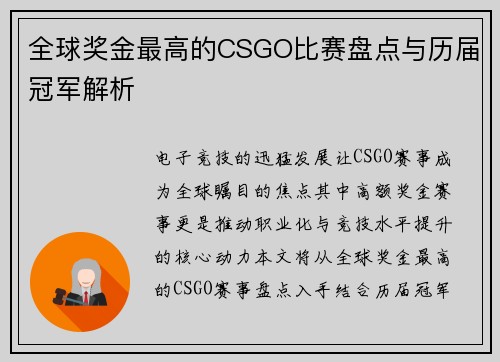全球奖金最高的CSGO比赛盘点与历届冠军解析